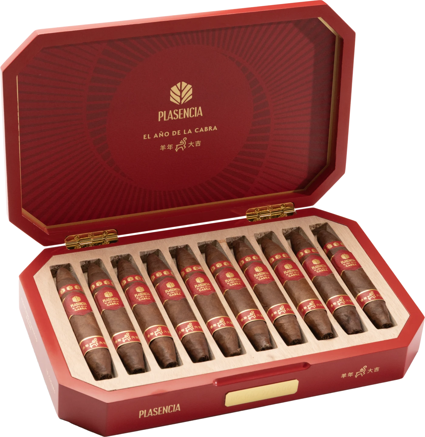 An open box of El Año de la Cabra at an angle, ten Perfecto Figurados under the red lacquered lid
