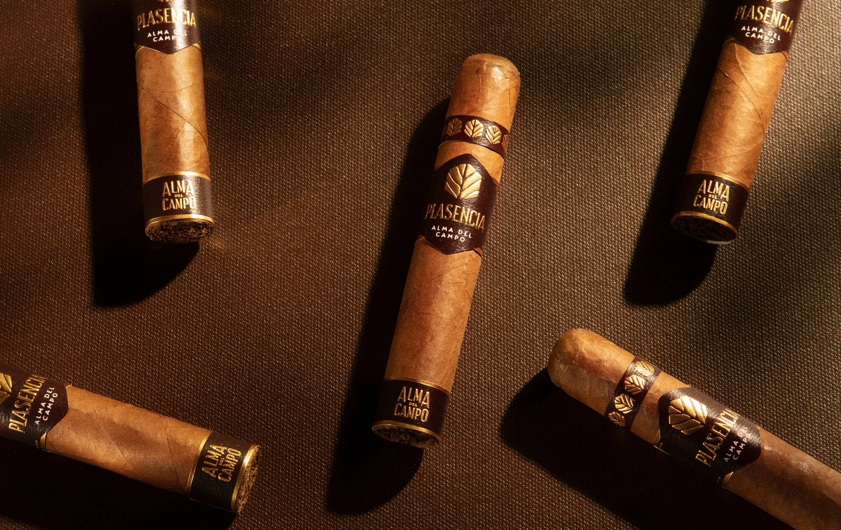Alma del Campo cigars on brown cloth, leaf shadows across them