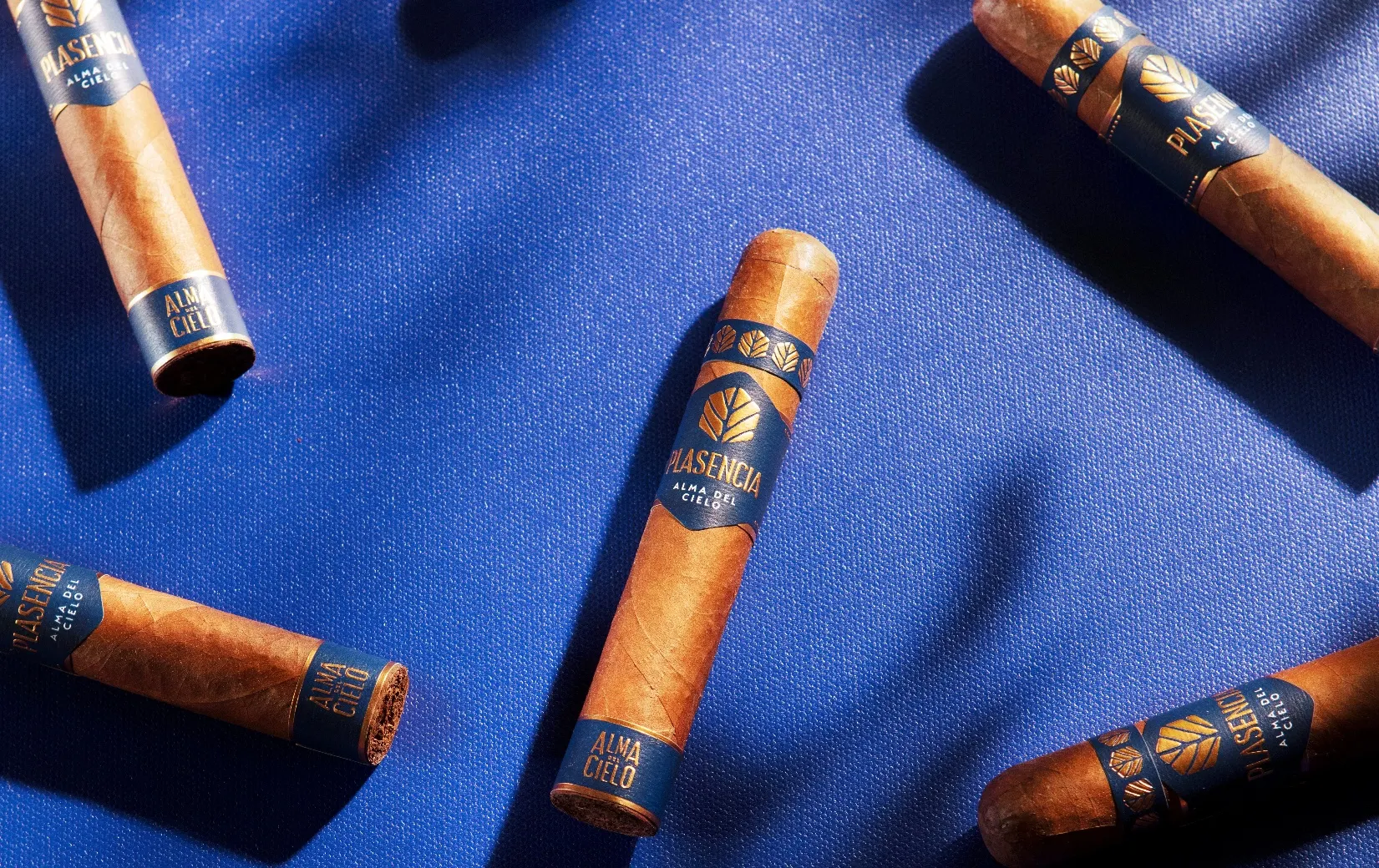 Alma del Cielo cigars on blue cloth, leaf shadows across them
