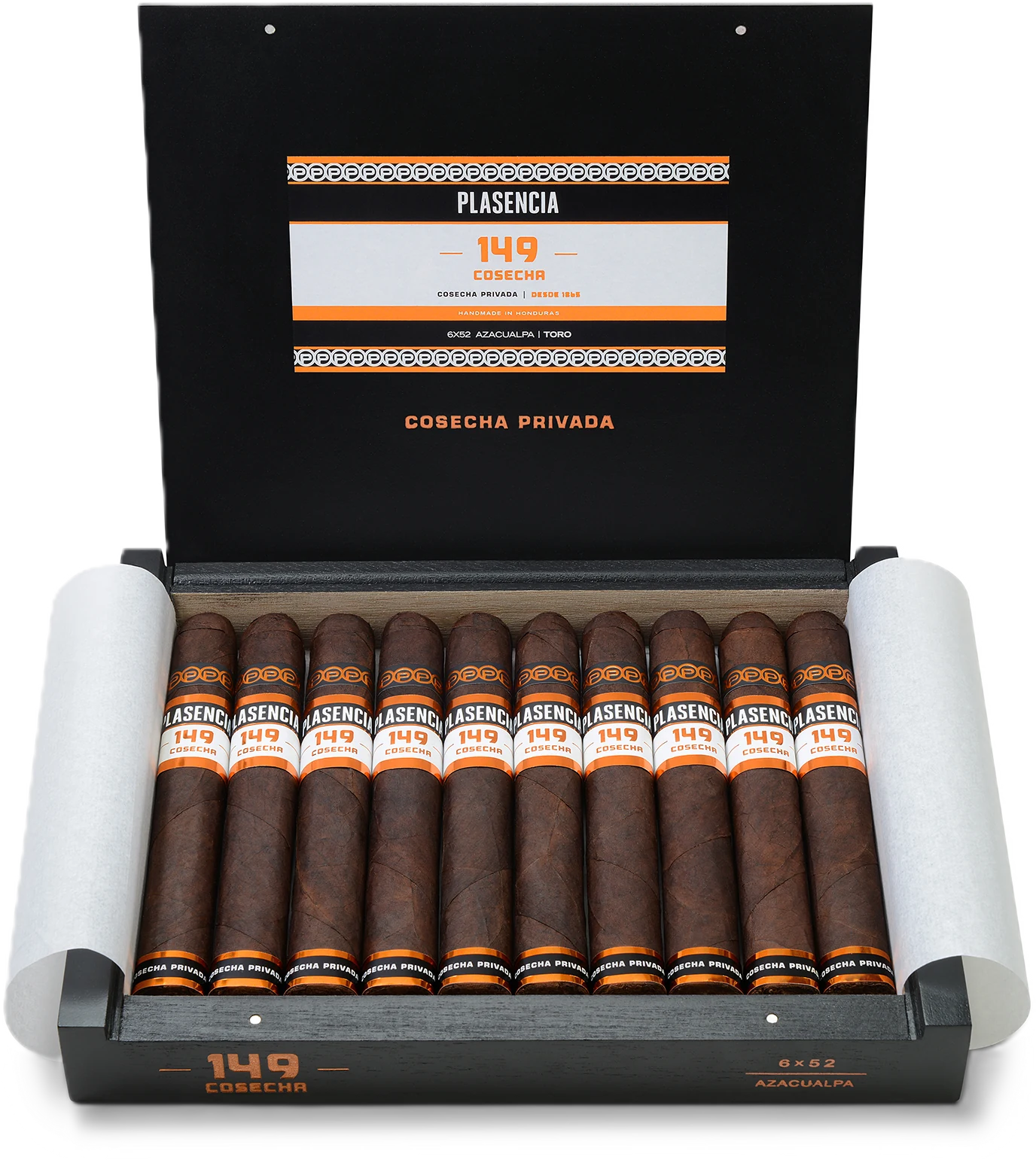 An open box of Cosecha 149 Azacualpa, ten cigars under the printed lid