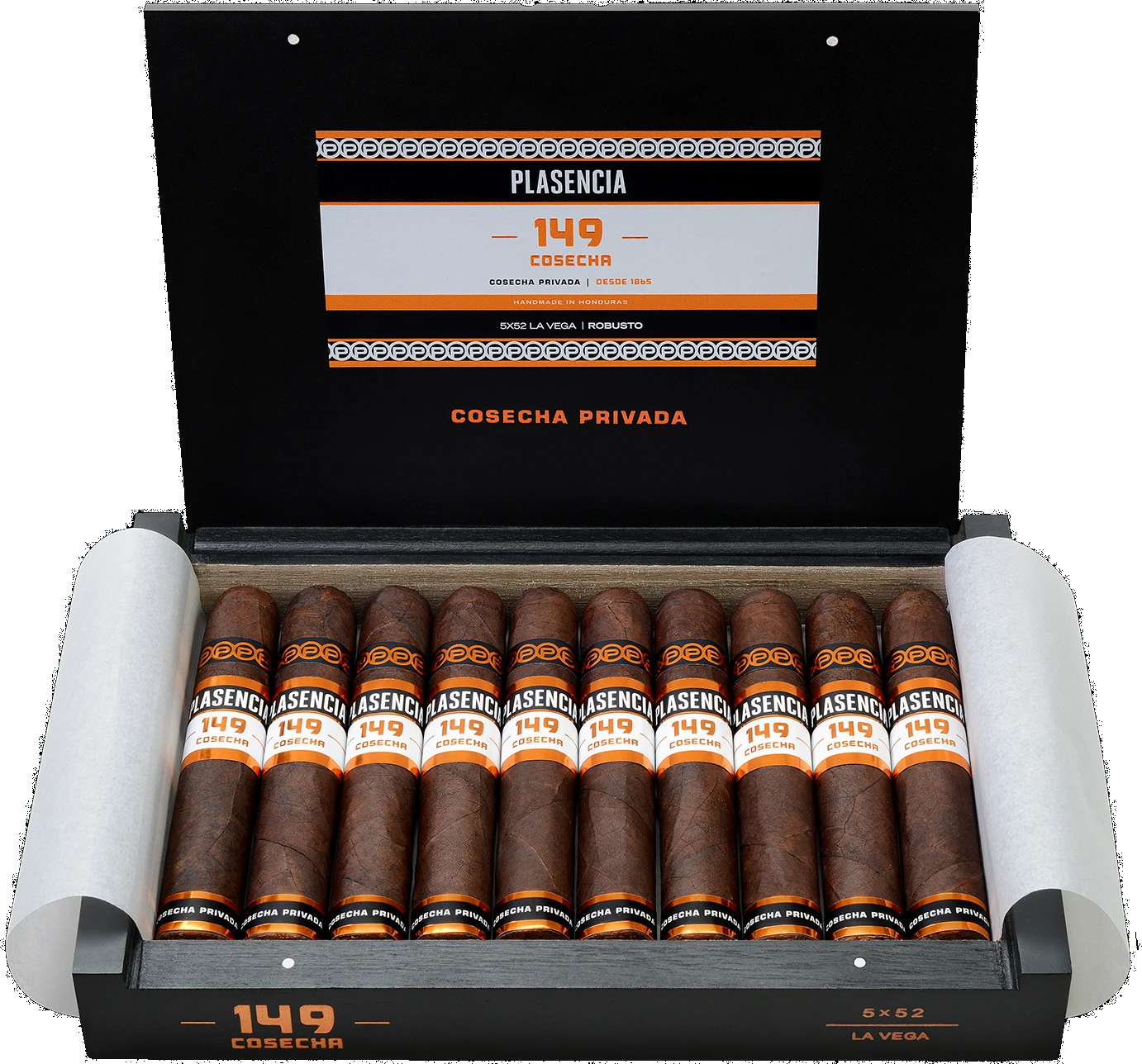 An open box of Cosecha 149 La Vega, ten cigars under the printed lid