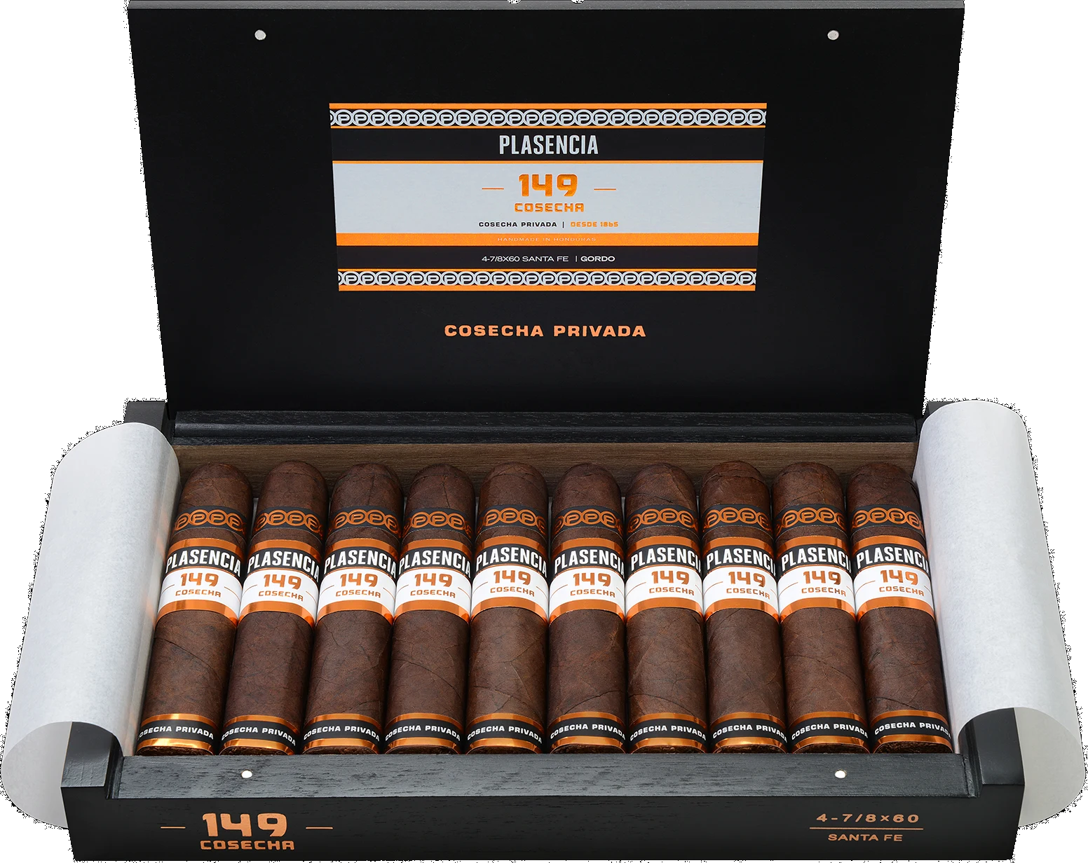 An open box of Cosecha 149 Santa Fe, ten cigars under the printed lid