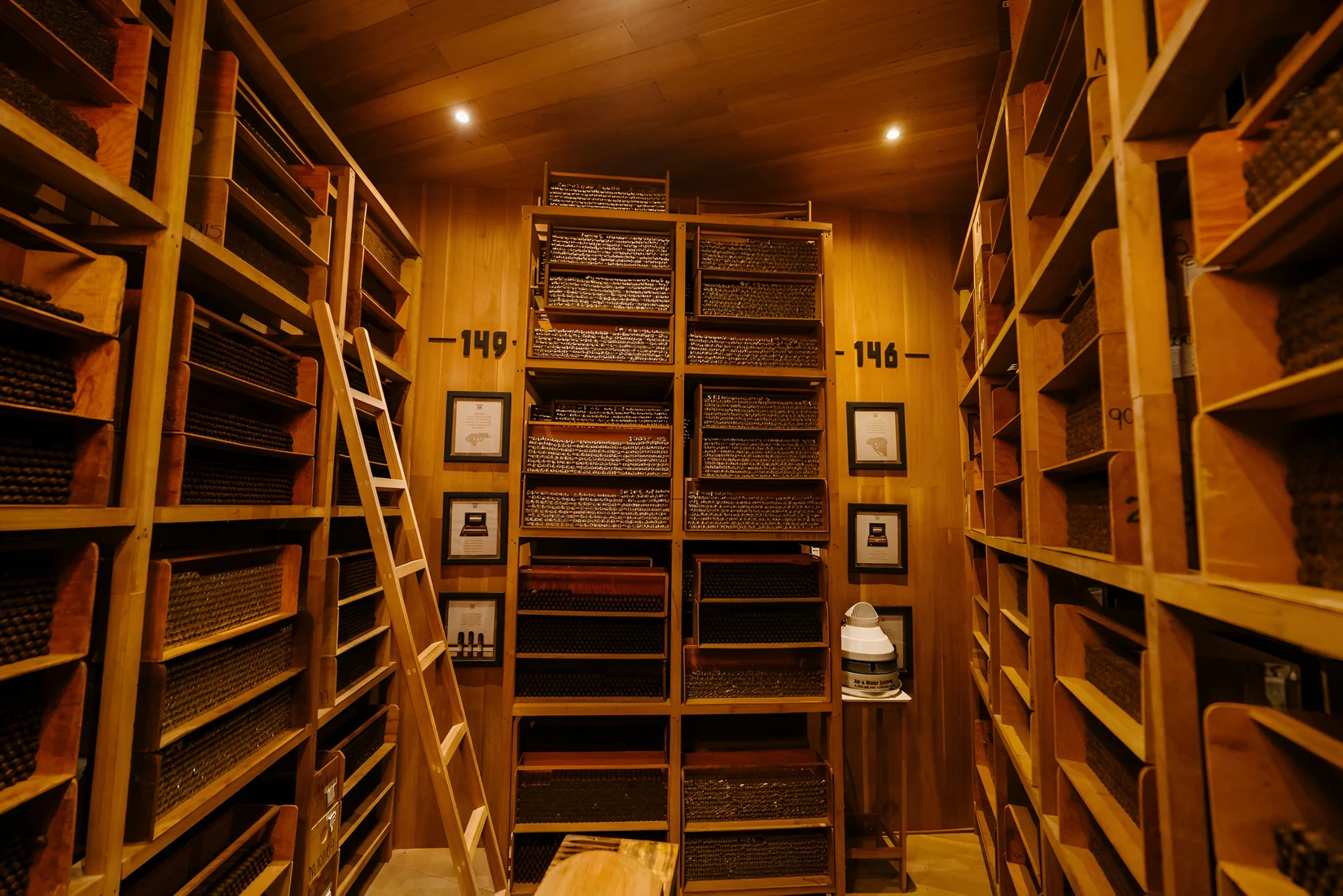 Inside the Plasencia vault, harvests aging in cedar trays under their year numbers