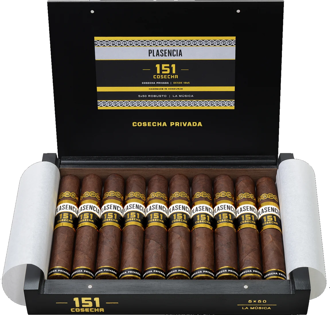 An open box of Cosecha 151 La Música, ten cigars under the printed lid