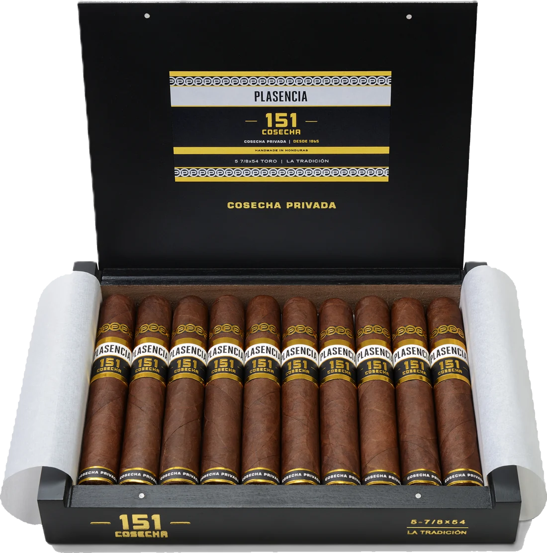 An open box of Cosecha 151 La Tradición, ten cigars under the printed lid