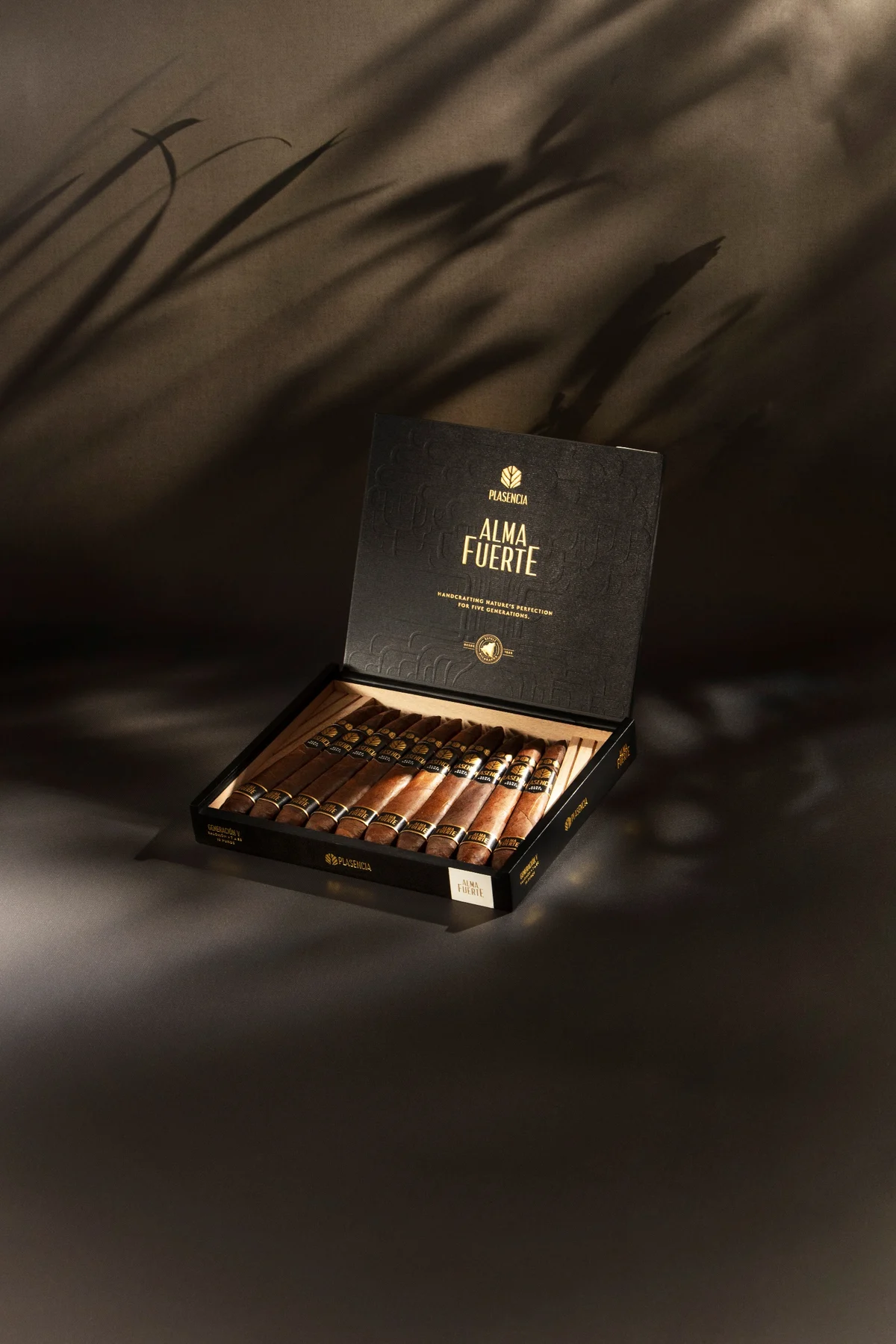 An open box of Alma Fuerte on a dark floor, palm leaf shadows on the wall behind it