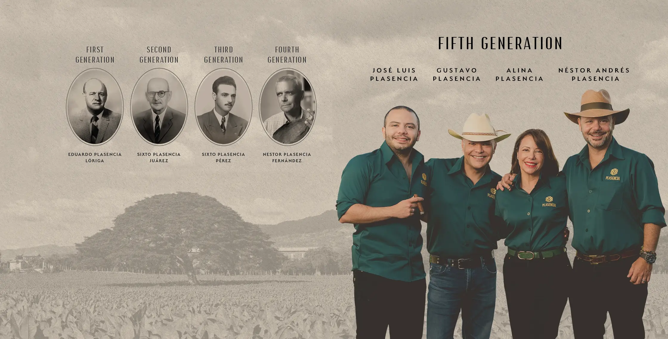 The five generations of the Plasencia family. Portraits of the first four: Eduardo Plasencia Lóriga, Sixto Plasencia Juárez, Sixto Plasencia Pérez and Néstor Plasencia Fernández. Beside them, standing in a tobacco field, the fifth: José Luis, Gustavo, Alina and Néstor Andrés Plasencia.
