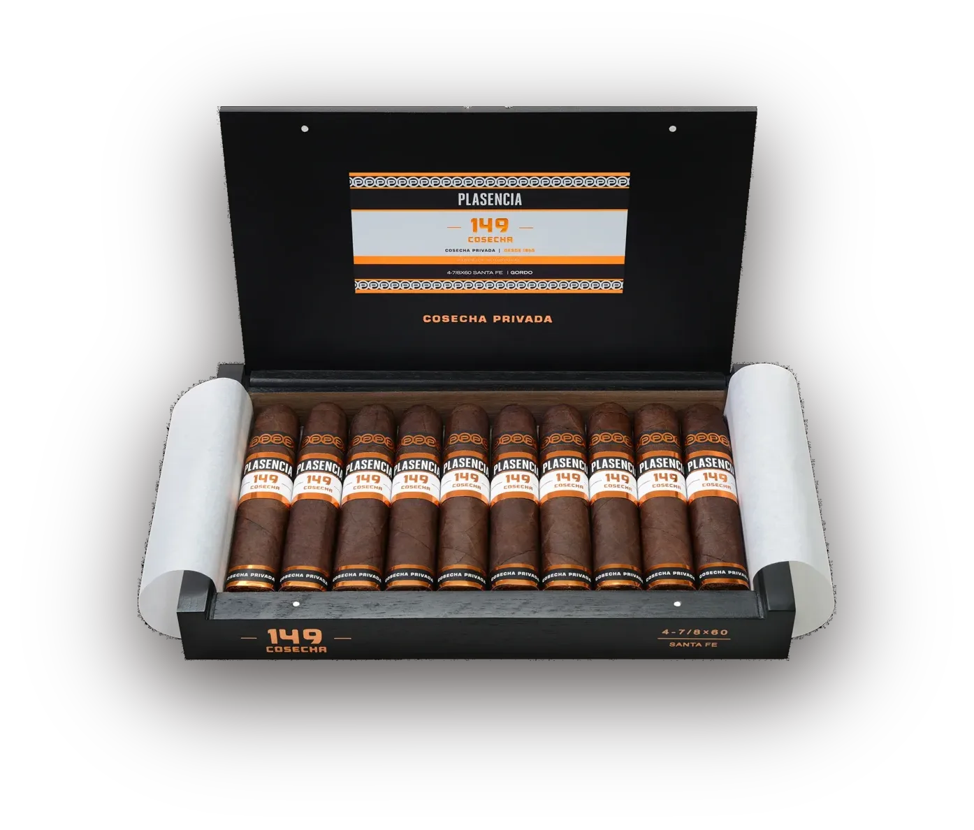 An open box of Cosecha 149 Santa Fe, ten cigars under the printed lid