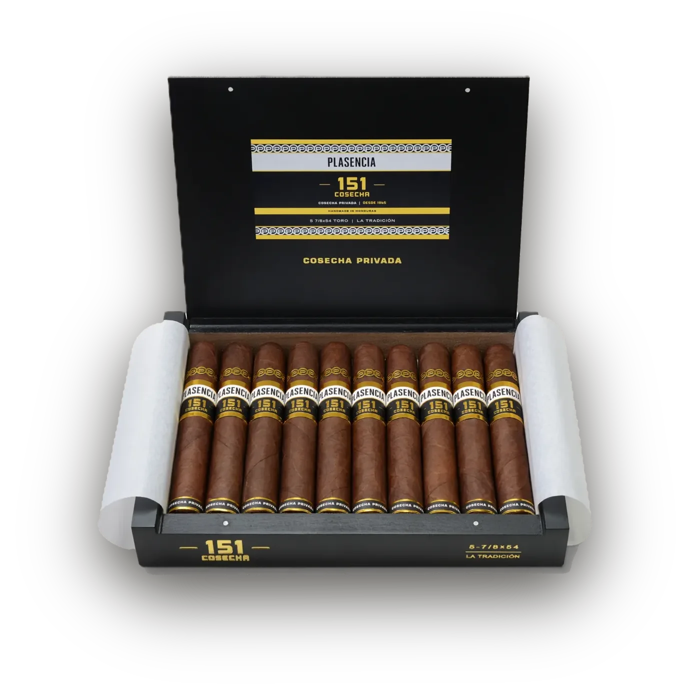 An open box of Cosecha 151 La Tradición, ten cigars under the printed lid