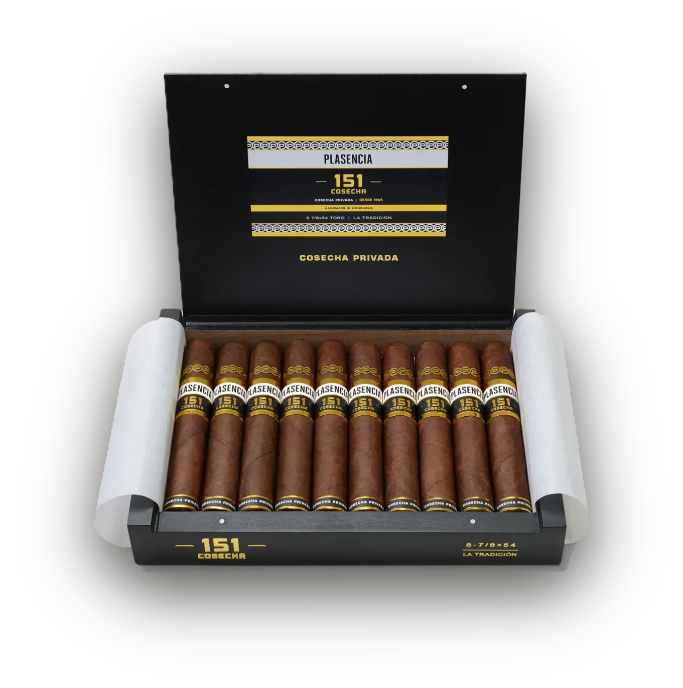 An open box of Cosecha 151 La Tradición, ten cigars under the printed lid