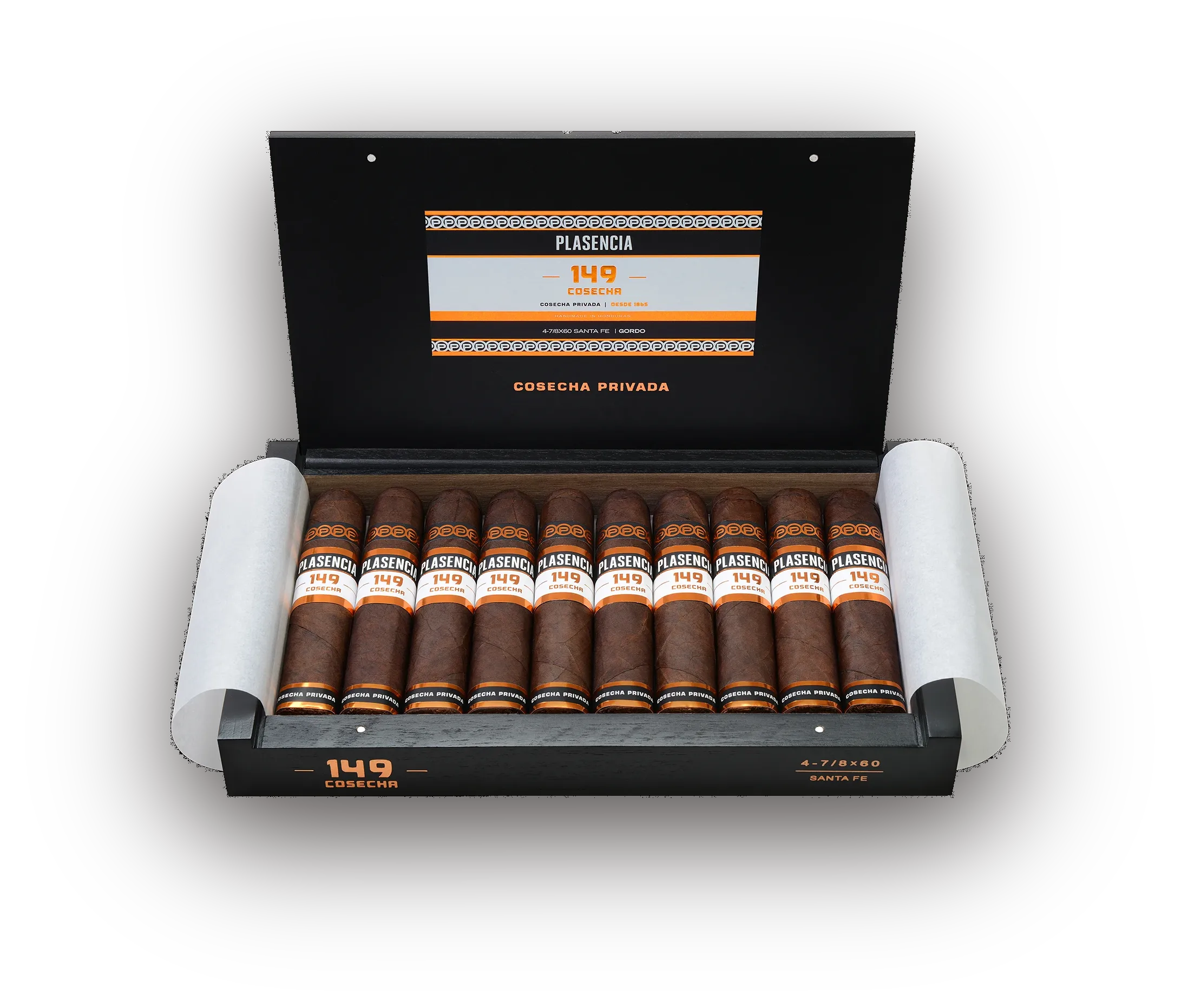 An open box of Cosecha 149 Santa Fe, ten cigars under the printed lid