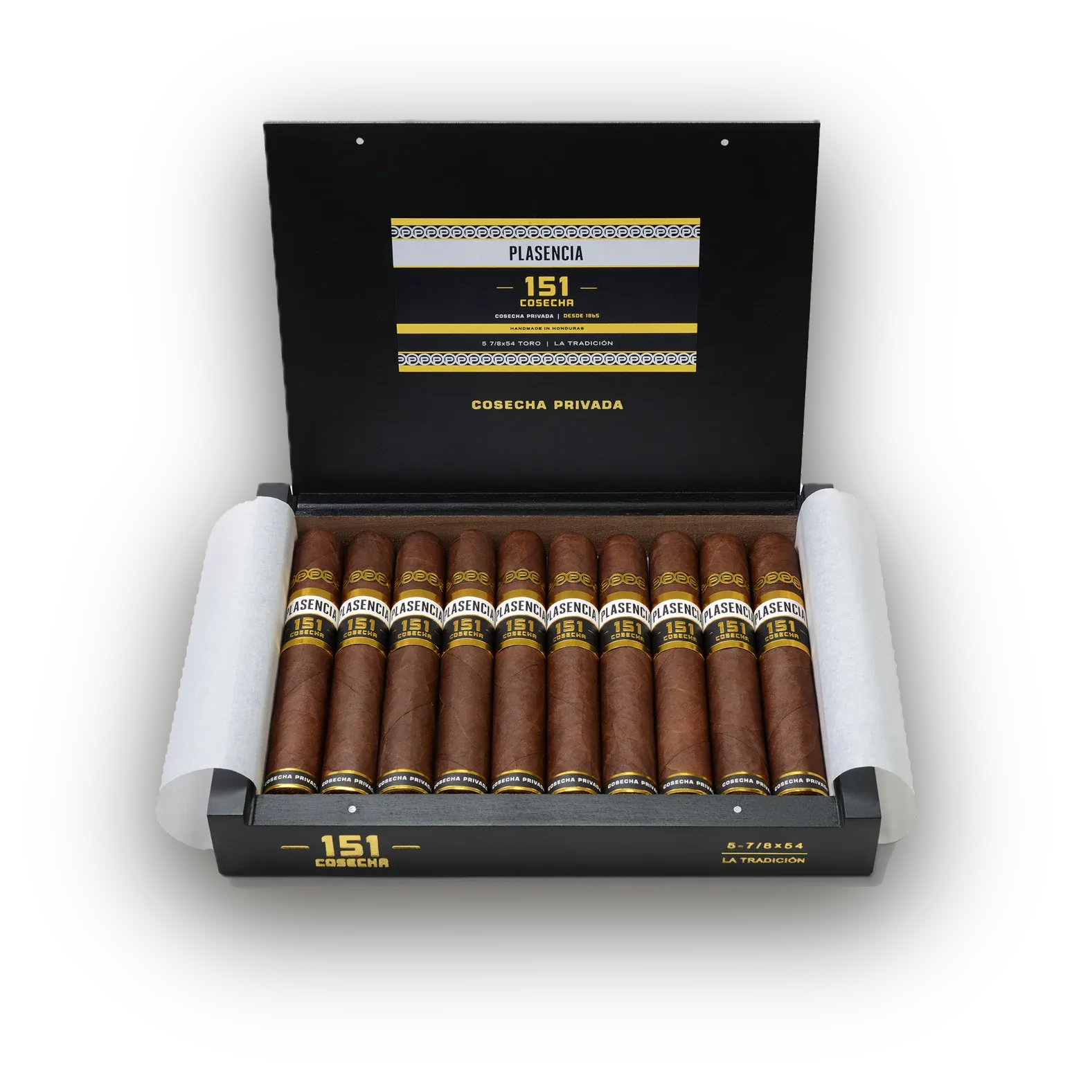 An open box of Cosecha 151 La Tradición, ten cigars under the printed lid